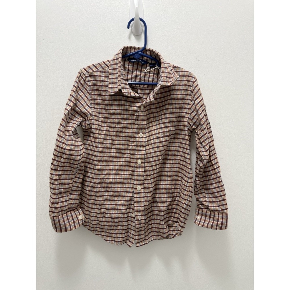 Janie and Jack Boys Plaid Button Up Shirt Size 5 Brown Blue Long Sleeve Cotton